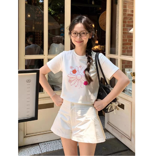 知名度SHOP 韩系花朵印花正肩短袖T恤女装夏季修身显瘦设计感上衣