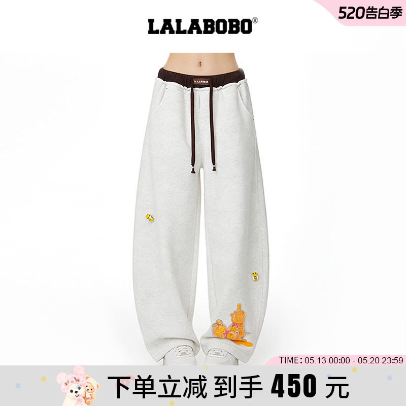【商场同款】LALABOBO26年春新款弯刀卫裤小熊慵懒阔腿灰色休闲裤