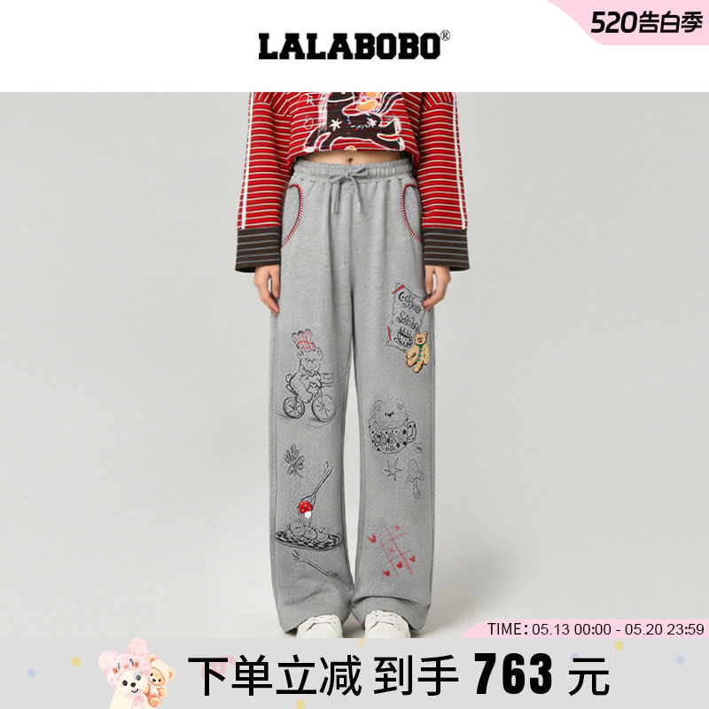 【商场同款】LALABOBO26年新款阔腿灰色卫裤女可爱小熊贴布休闲裤