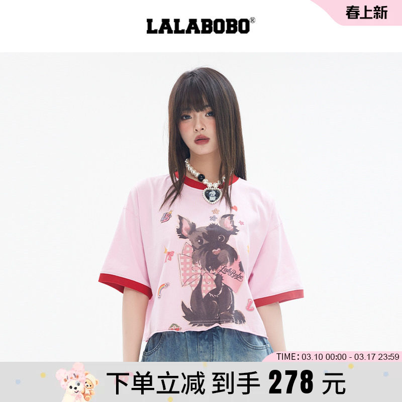 【商场同款】LALABOBO25年圆领短袖上衣夏新款女印花短款宽松T恤