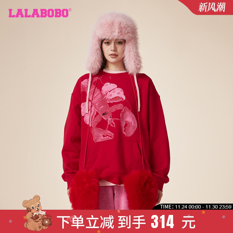 宽松龙虾图案套头圆领卫衣女