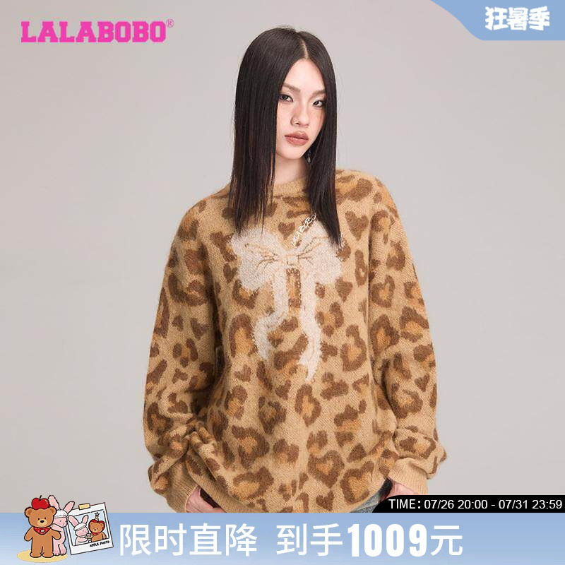 LALABOBO圆领长袖毛衣豹纹蝴蝶结