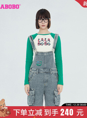 LALABOBO早秋新品复古运动背带直角牛仔连体五分裤女|LBCB-WLZT14