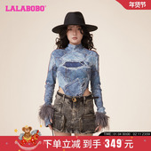 LALABOBO2024春季 WSDT14 T恤女LBDA 新款 辣妹拼接网纱高领连体长袖