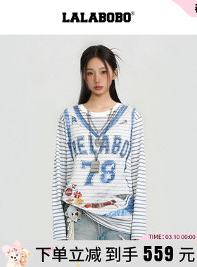 【商场同款】LALABOBO26年春新款网纱罩衫3D印花美式复古长袖T恤