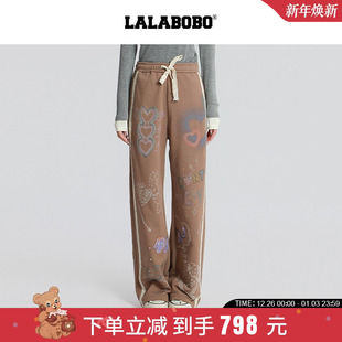 宽松长裤 LALABOBO25年冬新款 女蕾丝边咖色印花休闲裤 商场同款