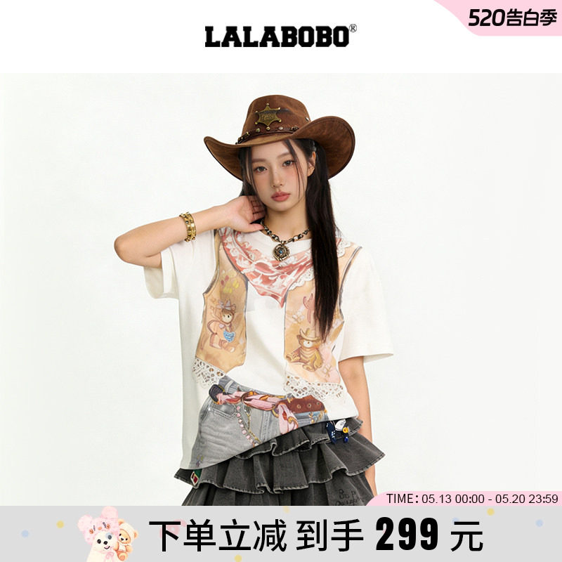 【商场同款】LALABOBO26年新款短袖女3D西部牛仔印花修身正肩T恤