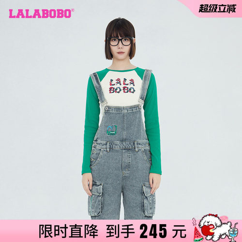 LALABOBO早秋新品复古运动背带直角牛仔连体五分裤女|LBCB-WLZT14