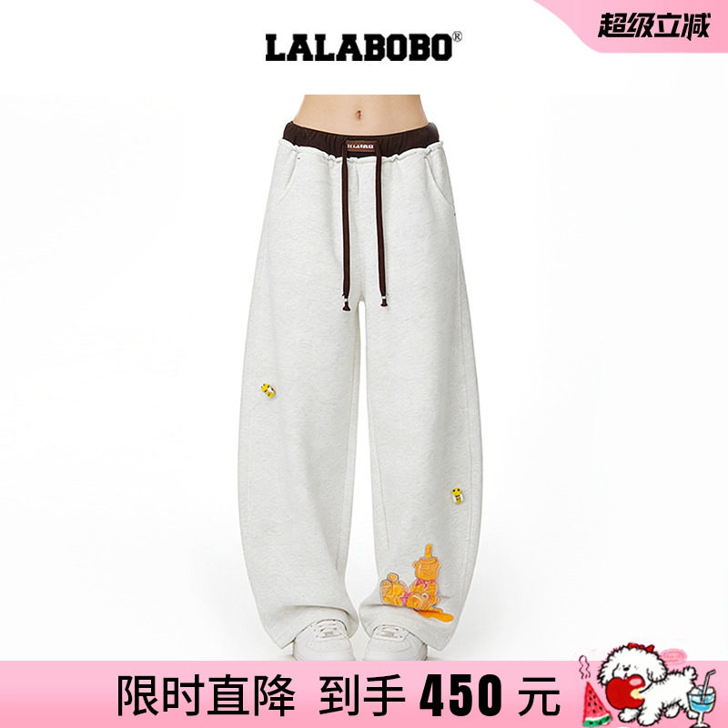 【商场同款】LALABOBO26年春新款弯刀卫裤小熊慵懒阔腿灰色休闲裤