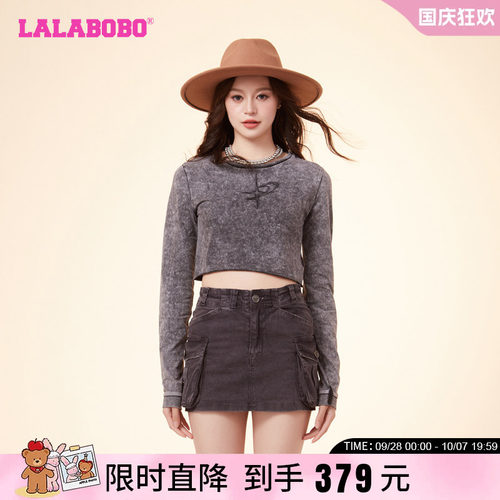 LALABOBO短款长袖T恤复古休闲