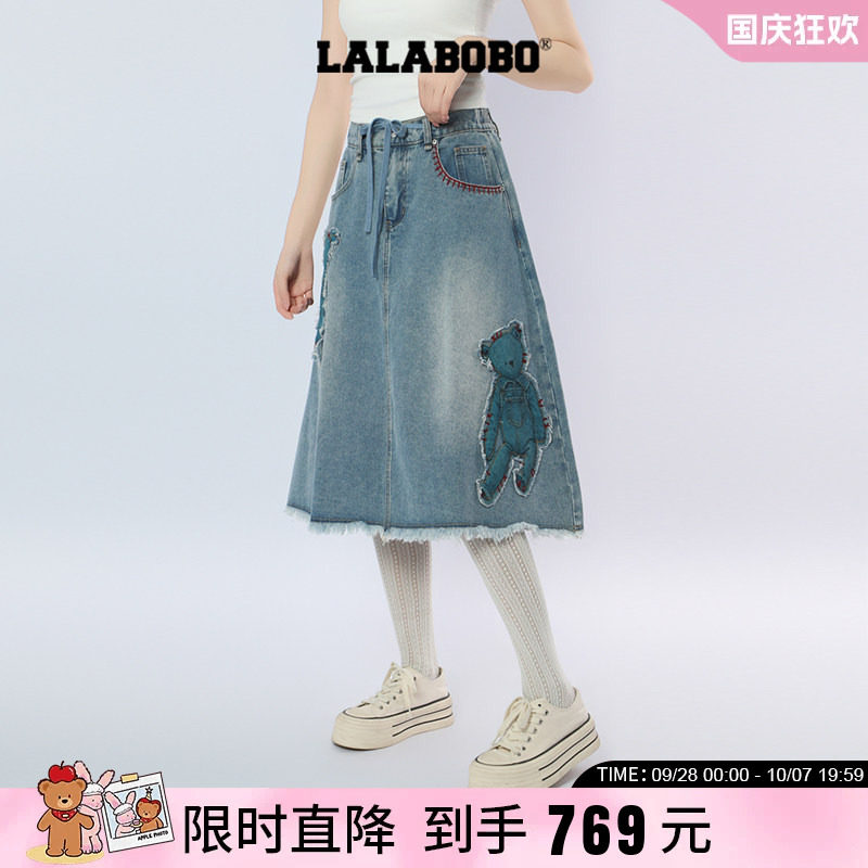牛仔裙贴布小熊高腰A字半身裙