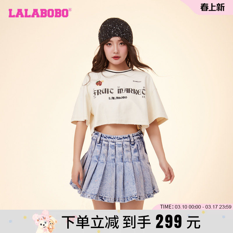 LALABOBO2024春季新品款箱型短款可爱发条草莓宽松套头短袖T恤女