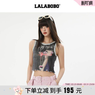 T恤背心女原创新款 LALABOBO25年春季 潮网纱印花上衣 商场同款