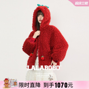 【圣诞新年红色系】LALABOBO25年冬新款可爱羊羔毛女草莓毛绒外套