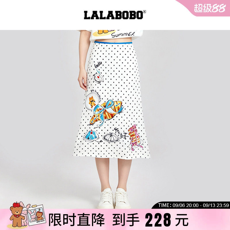 中长半裙波点手绘印花A字半身裙