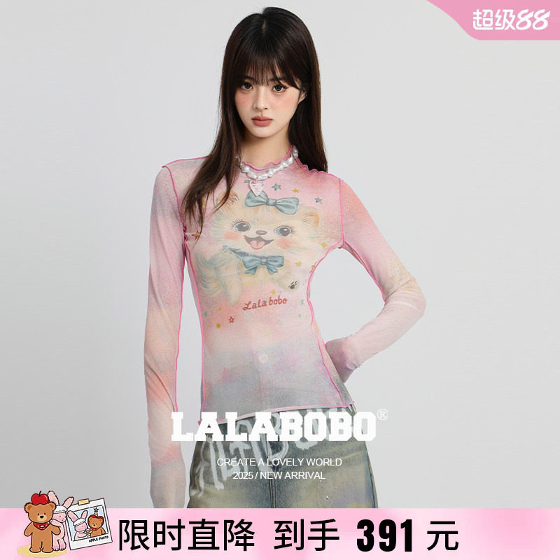 LALABOBO奶油小猫蝴蝶结网纱T恤