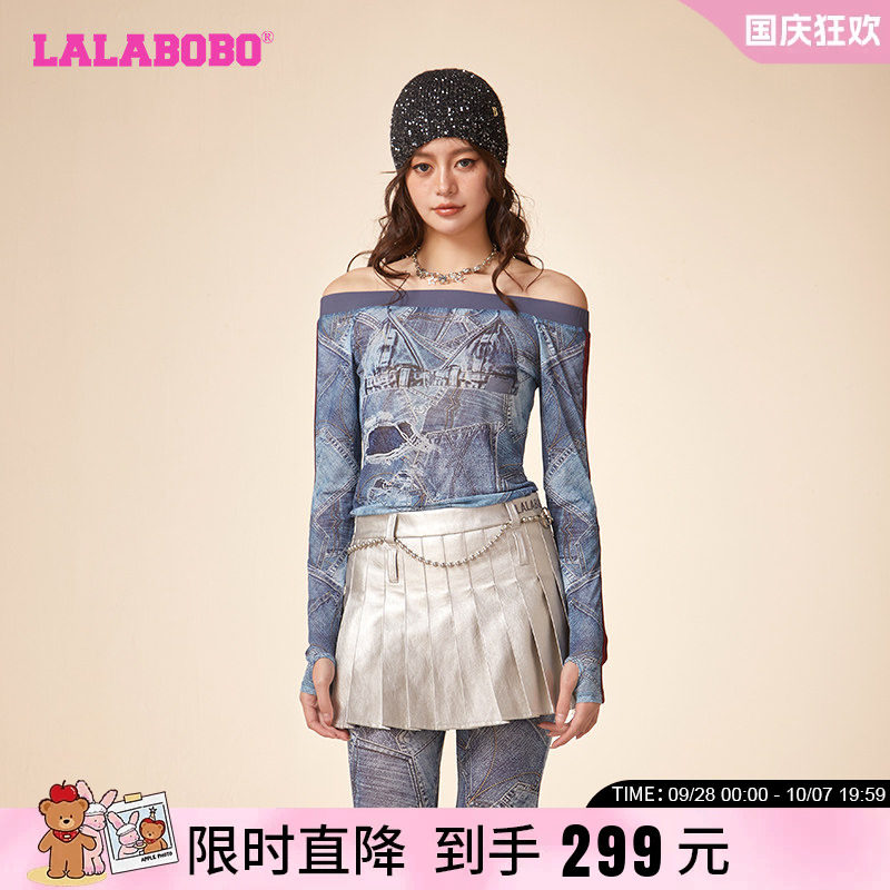 休闲废土风网纱一字领长袖T恤女