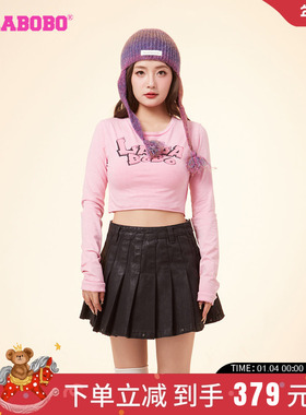 LALABOBO24春新打底衫纯色可爱短款圆领字母长袖T恤女LBDA-WSDT11