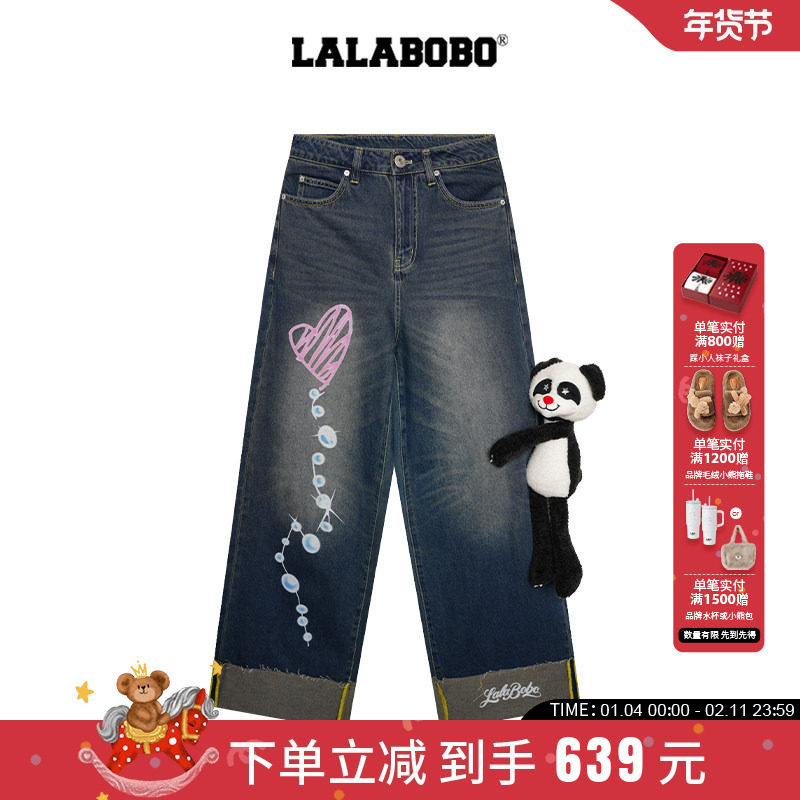 【商场同款】LALABOBO25年冬新款长裤女玩偶熊美式印花直筒牛仔裤,女装/女士精品,牛仔裤,淘宝优惠券,粉丝福利购,淘宝优惠卷