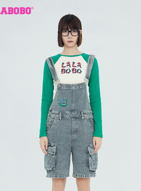 LALABOBO早秋新品复古运动背带直角牛仔连体五分裤女|LBCB-WLZT14