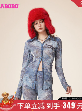 张慧贤同款LALABOBO24春休闲废土风网纱翻领长袖T恤|LBDA-WSDT13