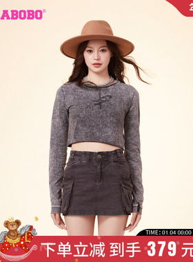 LALABOBO24春美式复古休闲风短款圆领字母图案长袖T恤LBDA-WSDT47