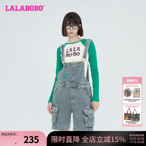 LALABOBO早秋新品复古运动背带直角牛仔连体五分裤女|LBCB-WLZT14