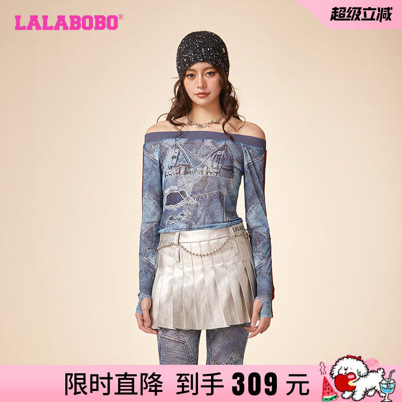 休闲废土风网纱一字领长袖T恤女