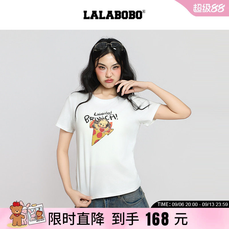 复古披萨小狗印花收腰修身T恤