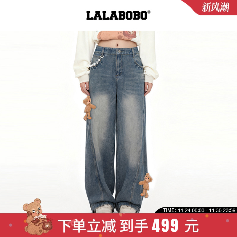 LALABOBO立体熊牛仔长裤