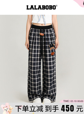 【商场同款】LALABOBO26年新款阔腿裤可爱玩偶小熊格纹黑色休闲裤