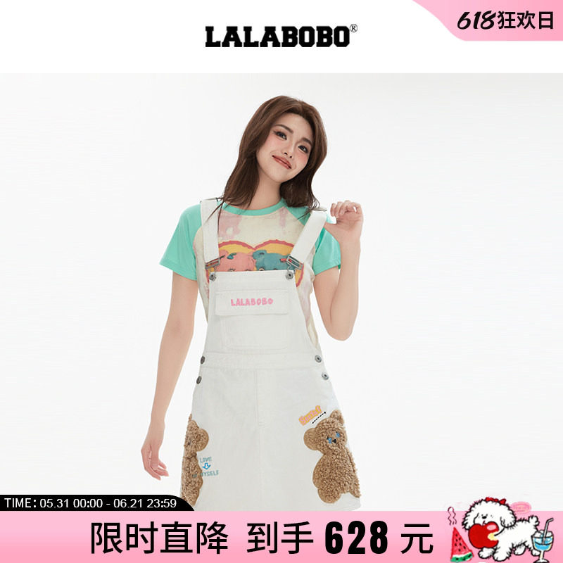 【商场同款】LALABOBO25年夏牛仔背带连衣裙原创小熊印花吊带裙子