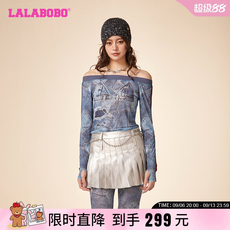 休闲废土风网纱一字领长袖T恤女