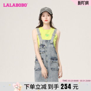 修身 LALABOBO2024夏新款 显瘦潮流牛仔背带连衣裙女 设计师潮牌