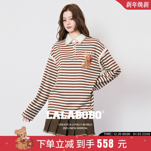 宽松polo领上衣美式 LALABOBO25年秋新款 印花条纹卫衣 周深同款