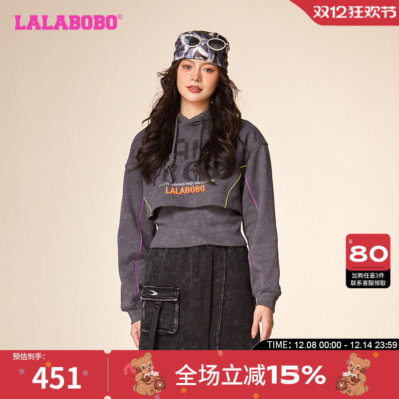 LALABOBO早秋洗水套头连帽短卫衣