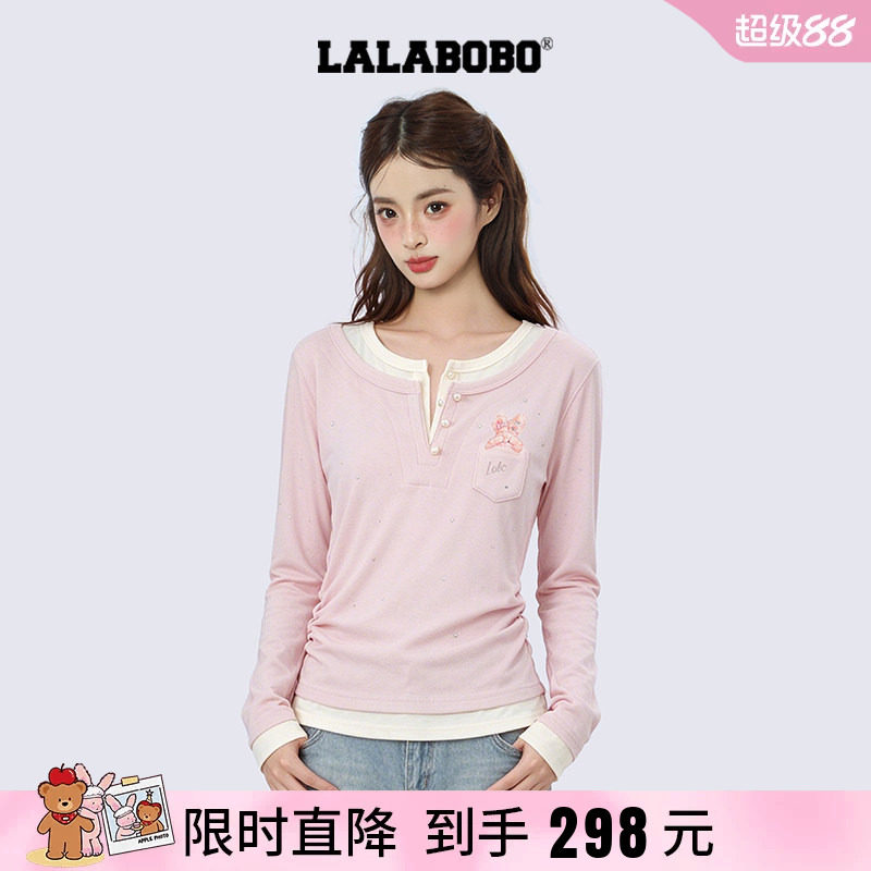 【叛逆玩偶】LALABOBO26年秋新款绒衫女印花烫钻修身假两件长袖衫