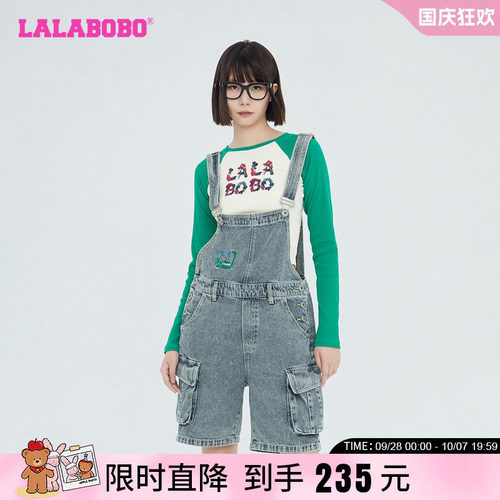 LALABOBO早秋新品复古运动背带直角牛仔连体五分裤女|LBCB-WLZT14
