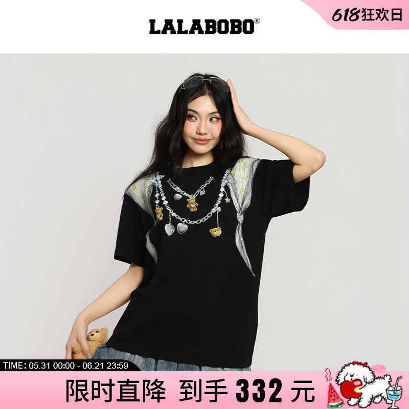 【视错系列】LALABOBO26年春新款短袖原创3D链条印花黑色宽松T恤