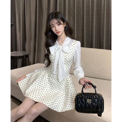 法式复古波点拼接假两件连衣裙女春季2025新款高级感收腰长袖短裙