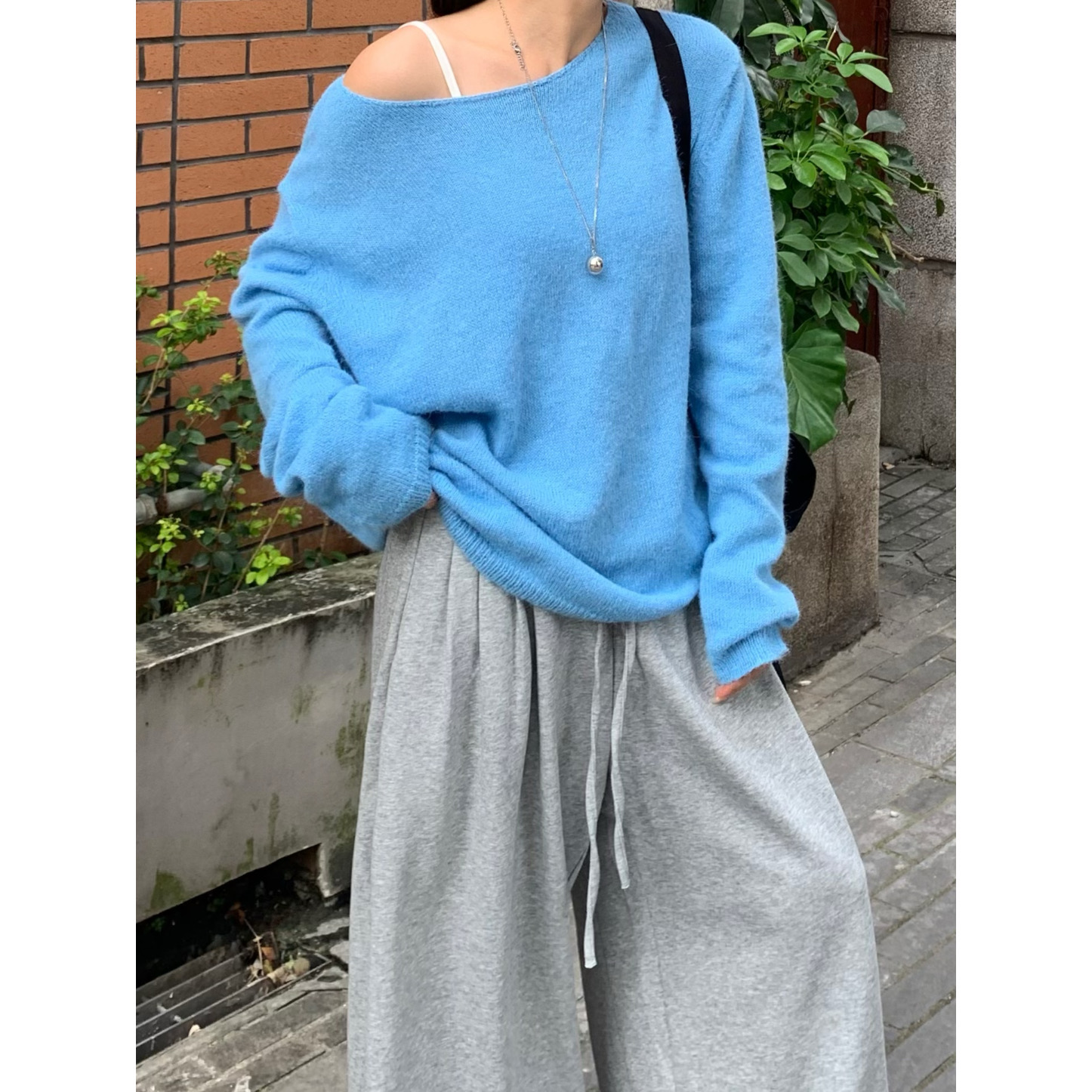韩系慵懒宽松马海毛蓝色毛衣女