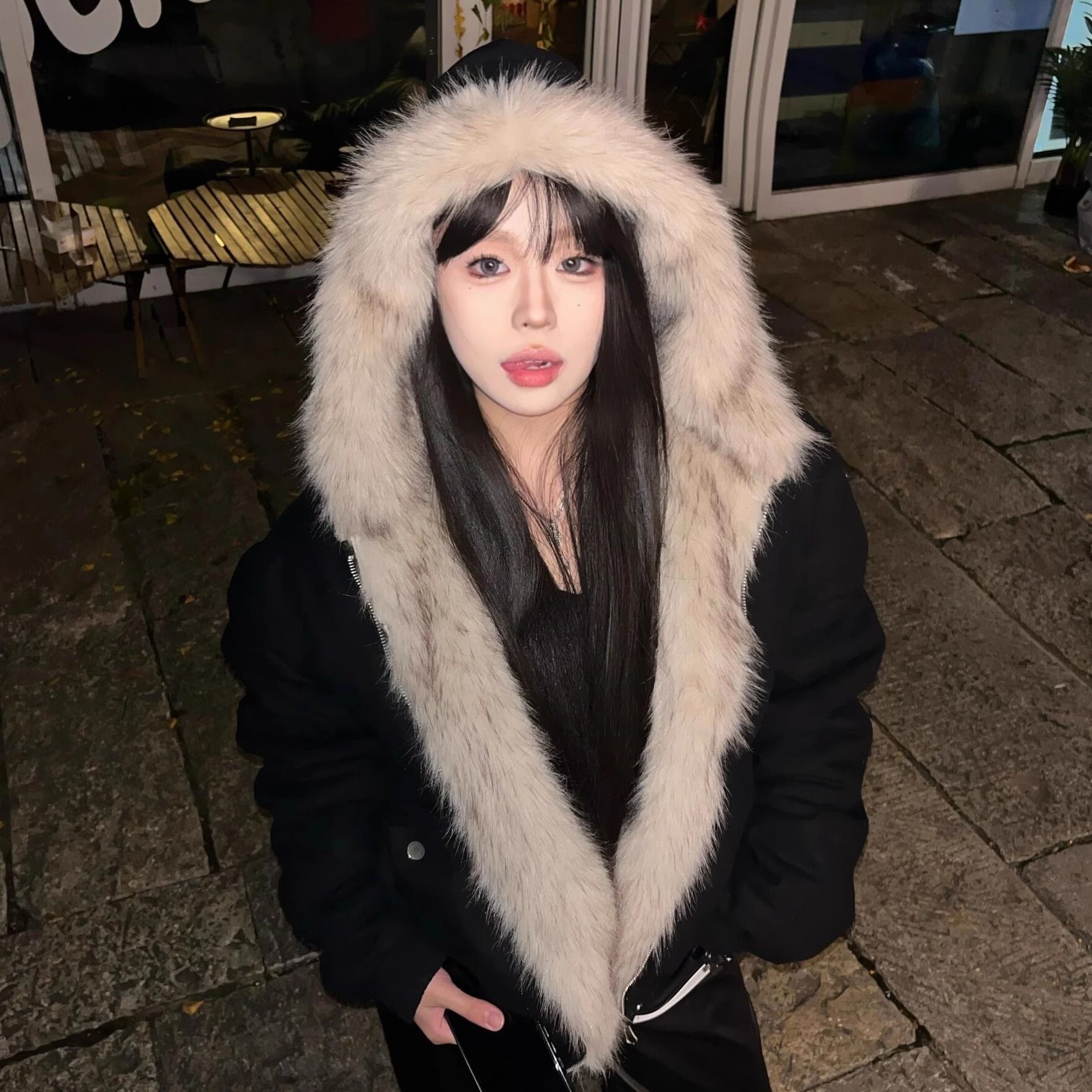 美式复古毛领拼接连帽棉服外套女秋冬季高级感休闲短款夹克上衣潮