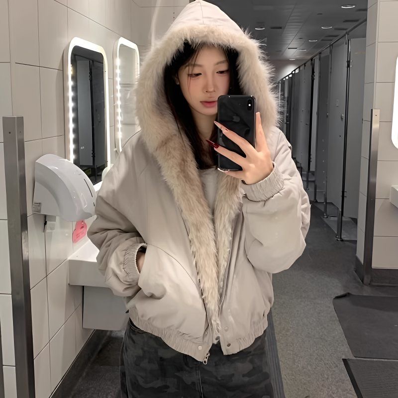 美式高街棉服情侣个性连帽简约毛领棉衣潮牌宽松短款棉服外套女冬