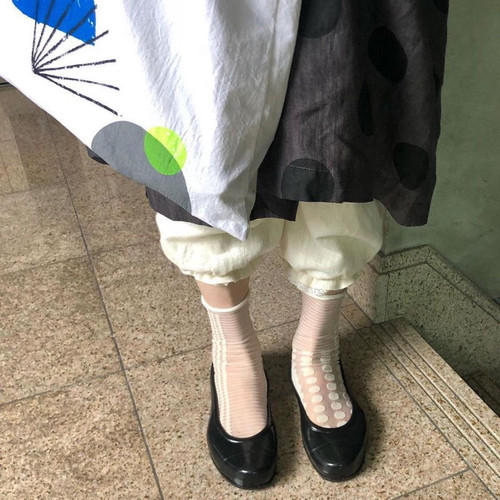 小众不对称玻璃丝袜AB几何色块圆点卷边女中筒袜