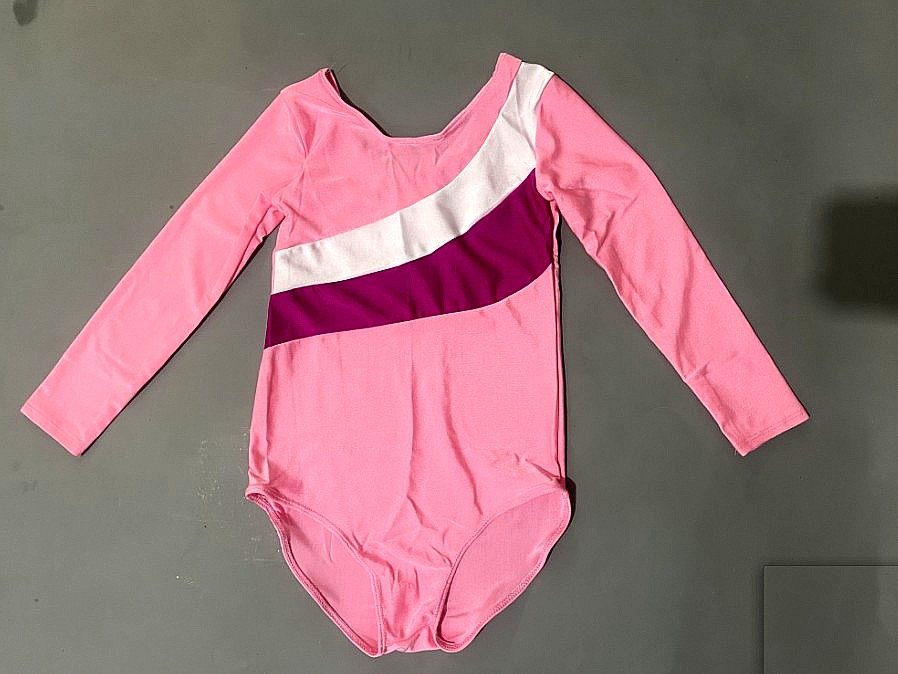 粉拼白长袖连体三角裤体操服儿童舞蹈练功服少儿健美操服啦啦操