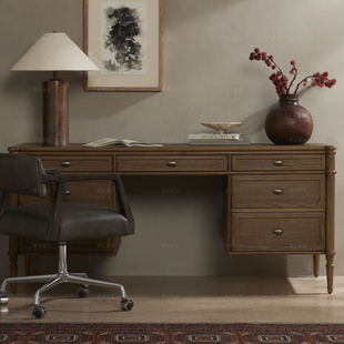 美式实木复古办公电脑桌成人白蜡木储物书桌简约写字书台桌子定制