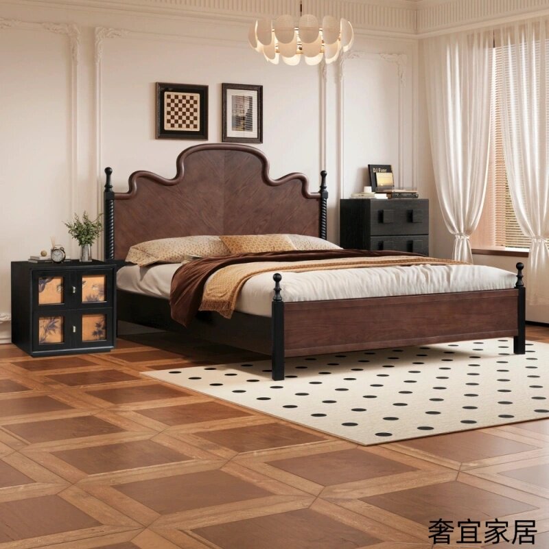 中古风实木榫卯工艺双人大床 美式复古立柱子床 拼花1.8米主卧床