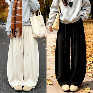 黑色灯芯绒弯刀裤子秋冬加厚女款直筒棉裤外穿宽松慵懒加绒阔腿裤