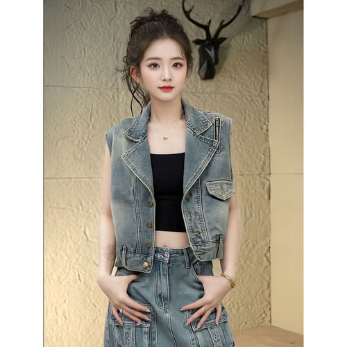 港风复古牛仔马甲女春秋设计感小众外搭无袖坎肩短款背心马夹外套