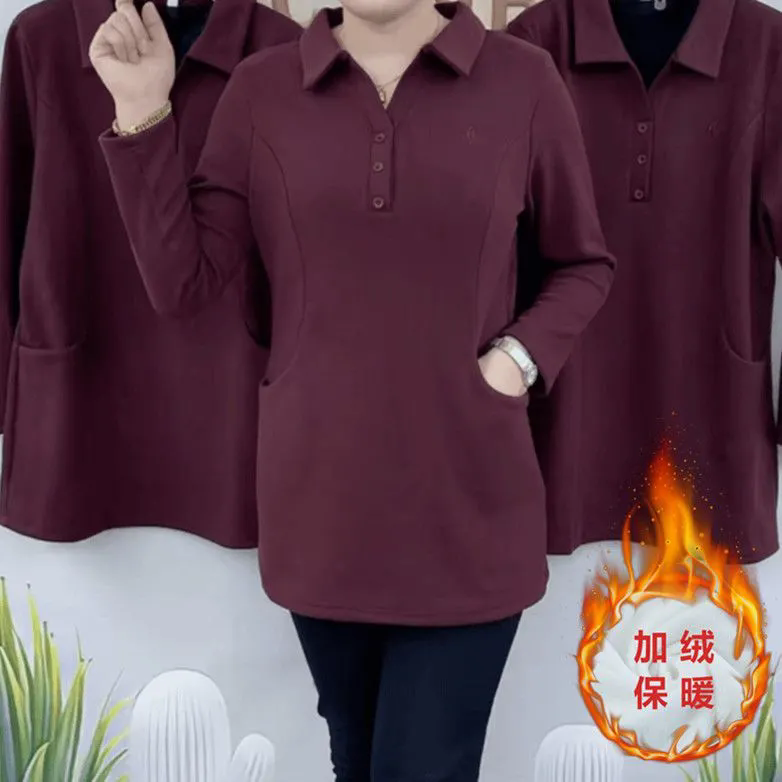 冬季新款翻领中长款双口袋舒适加绒保暖打底衫显瘦高档洋气妈妈装